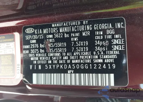 2016 Kia Sorento 3.3L Sx из США, поврежденный, VIN 5XYPKDA50GG122419